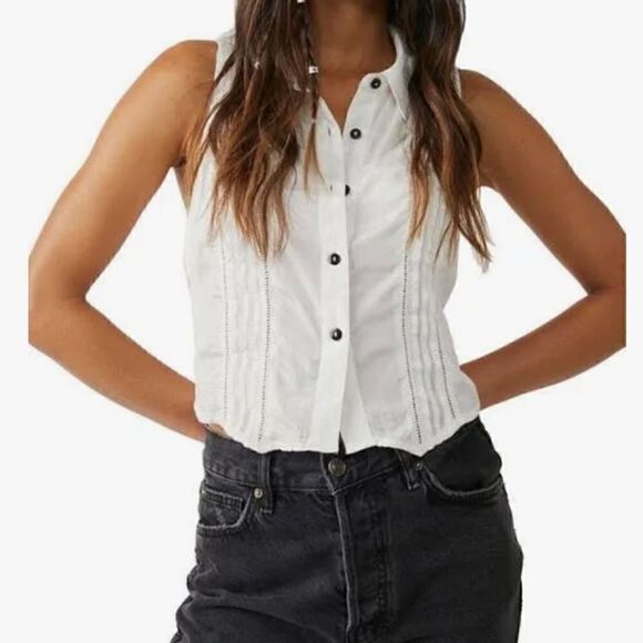 NWT Free People Drive Back Ivory Sleeveless Collar Button Down XS Tank Tux Chic - Picture 2 of 6